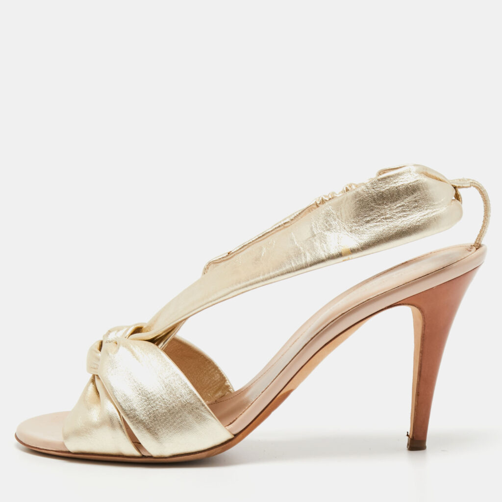 luxury-women-sergio-rossi-used-shoes-p718269-011 Sergio Rossi Gold Leather Knot Detail Open Toe Sandals Size 40