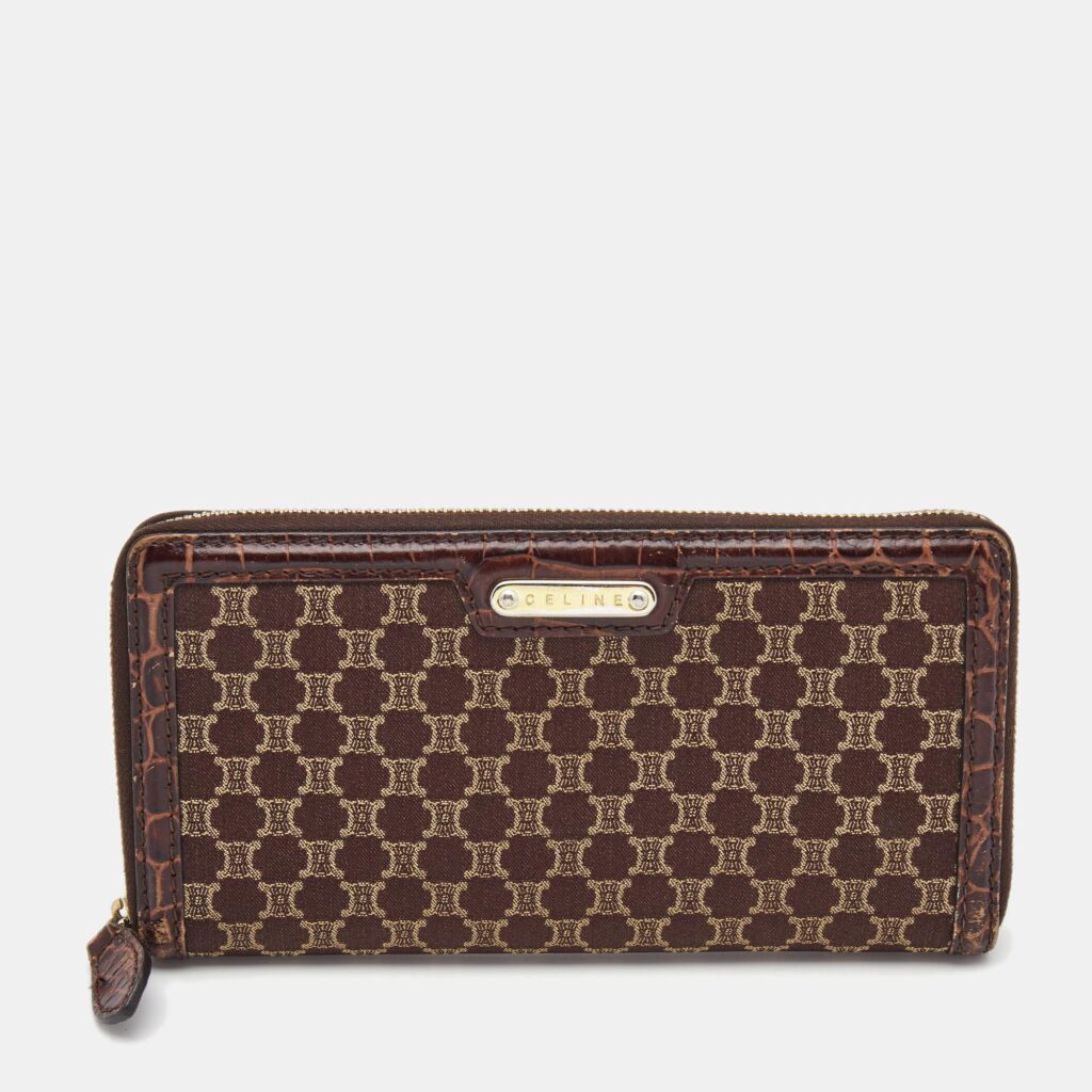 luxury-women-celine-used-handbags-p859376-002 Celine Brown Macadam Canvas and Croc Embossed Leather Zip Around Continental Wallet