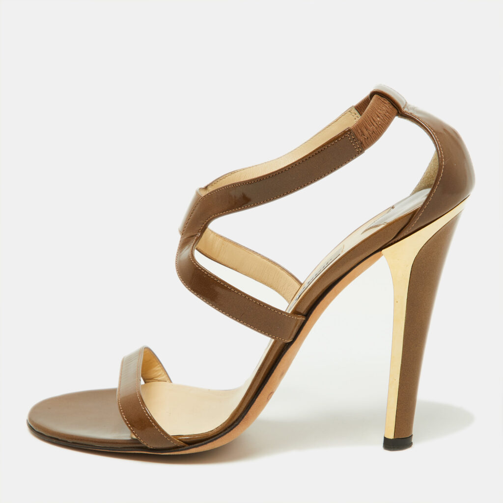Jimmy Choo Brown Patent Leather Ankle Strap Sandals Size 38.5