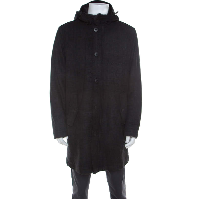 armani collezioni dark grey wool and fur hooded collar detail coat xxl