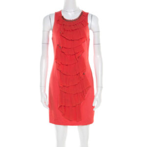 luxury-women-3-1-phillip-lim-used-clothes-p182076-001 3.1 phillip lim orange stretch knit chiffon ruffled embellished sleeveless dress m