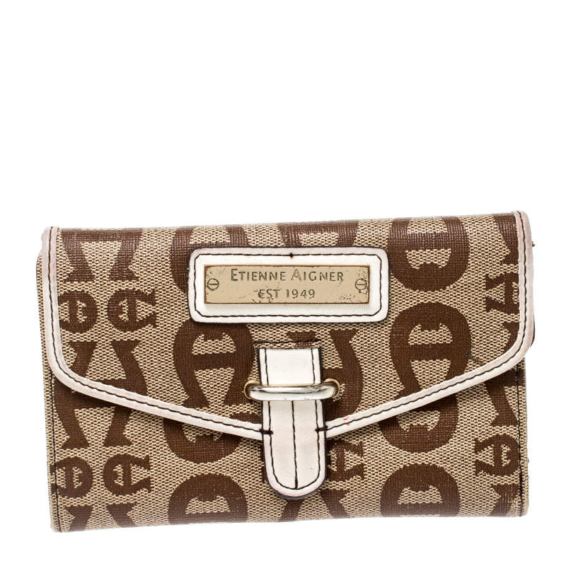 aigner beige signature coated canvas compact wallet