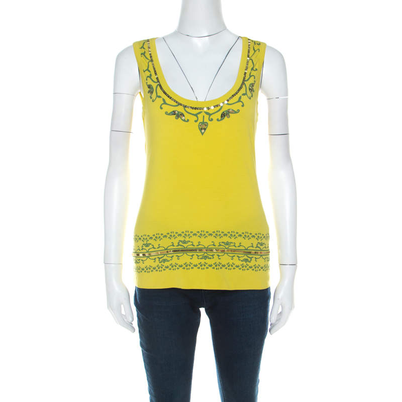 luxury-women-alberta-ferreti-used-clothes-p216493-005 alberta ferretti yellow paisley printed cotton sequin detail top l