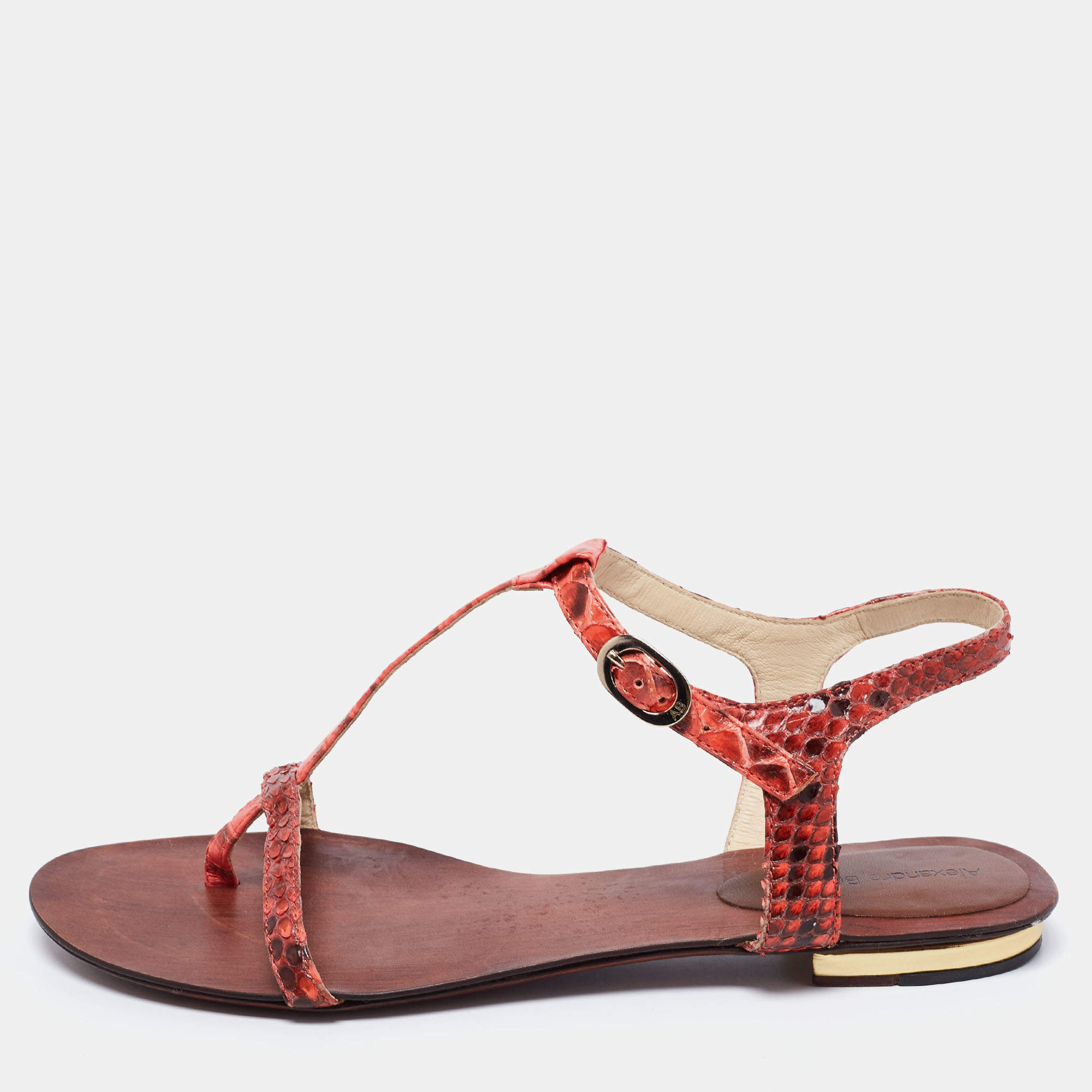 alexandre birman red python leather t strap flat sandals size 38.5