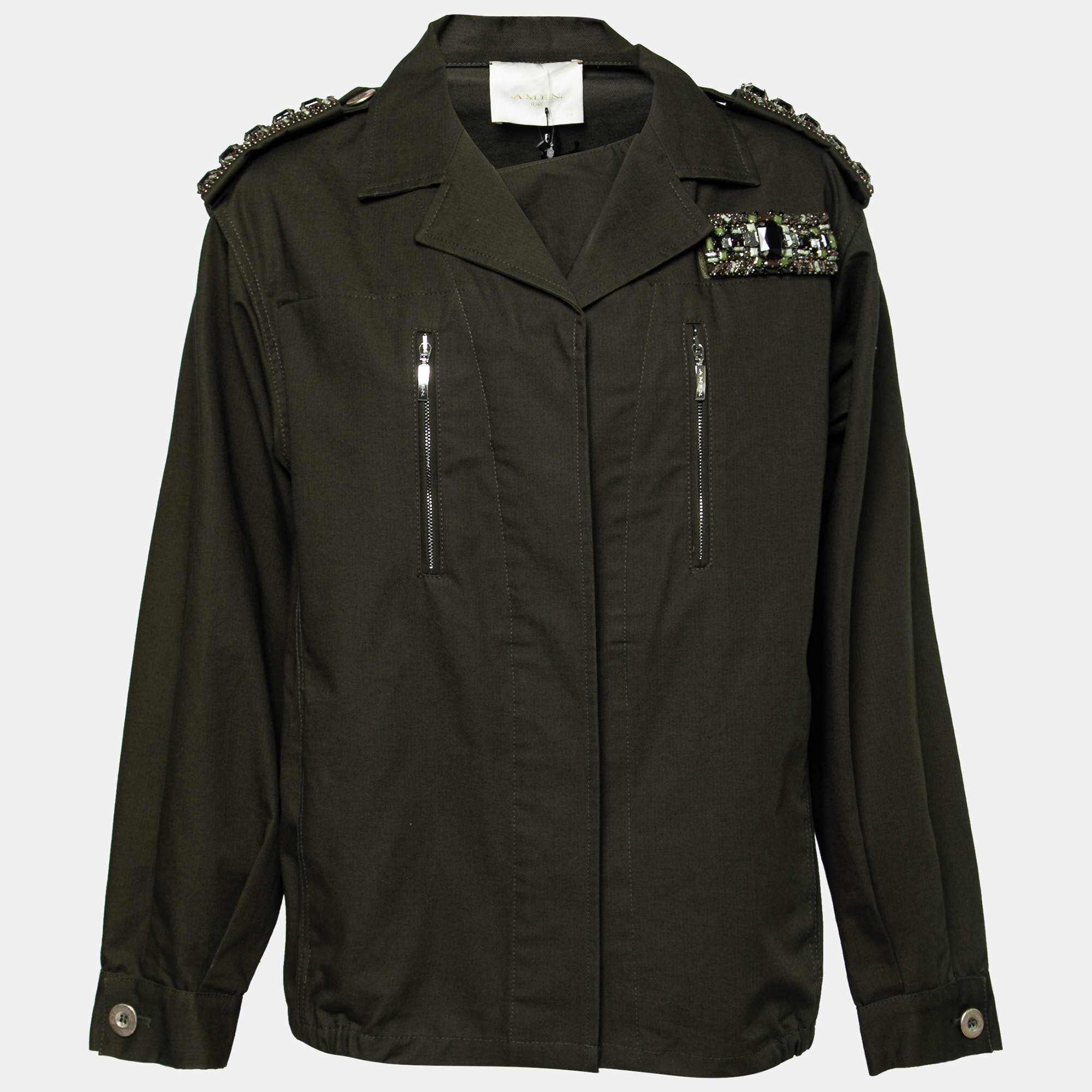 amen dark green cotton crystal embellished epaulette detail military jacket m