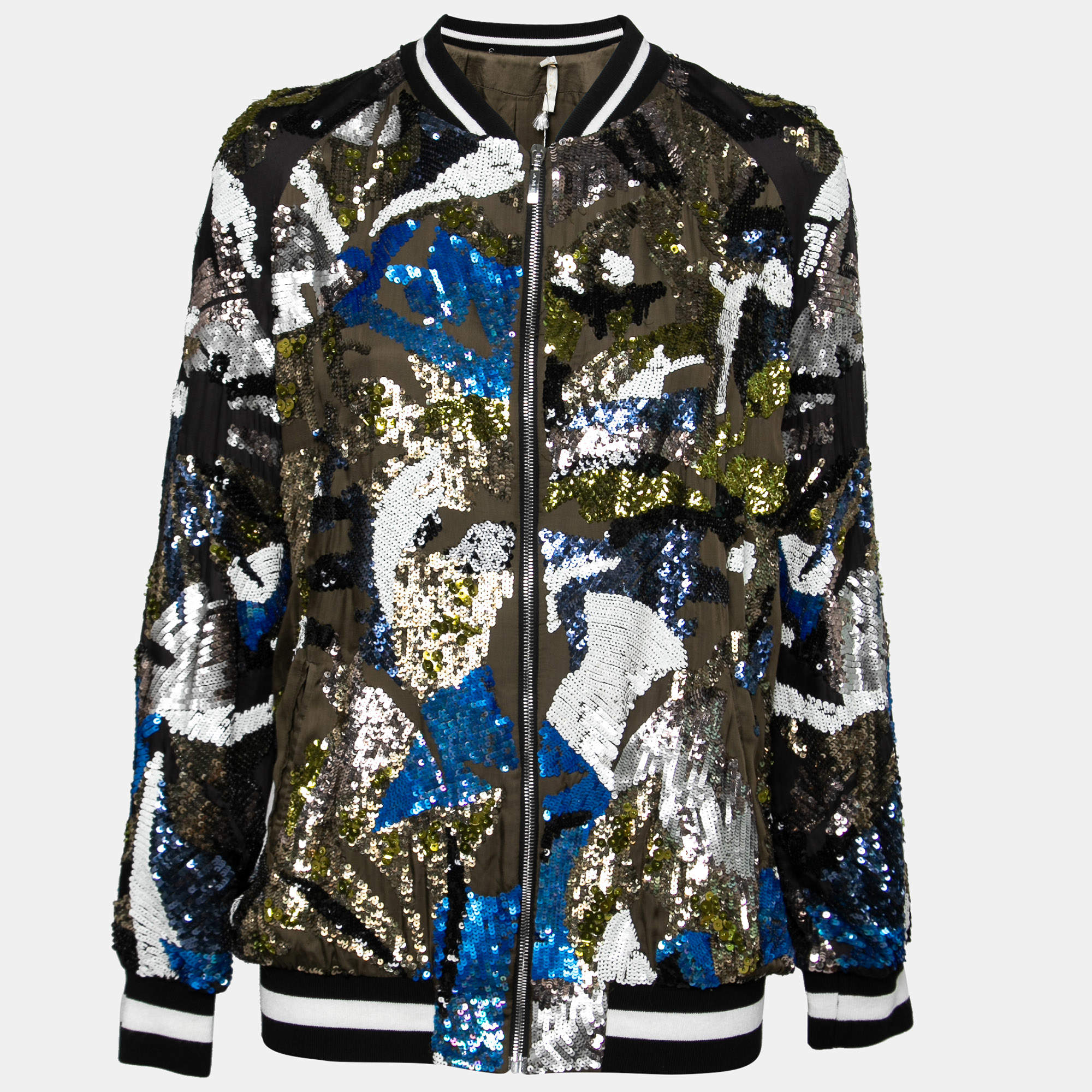 amen multicolor sequin embellished satin bomber jacket m