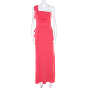 luxury-women-armani-collezioni-used-clothes-p182125-003 armani collezioni salamander pink crepe pleated bow trim one shoulder evening gown m