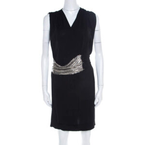 luxury-women-balmain-used-clothes-p182188-1553063291-006 balmain black knit wool chainmail paneled faux wrap mini dress m