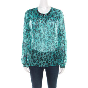 luxury-women-blumarine-used-clothes-p176791-006-1 blumarine blue and black animal printed silk embellished neck blouse m