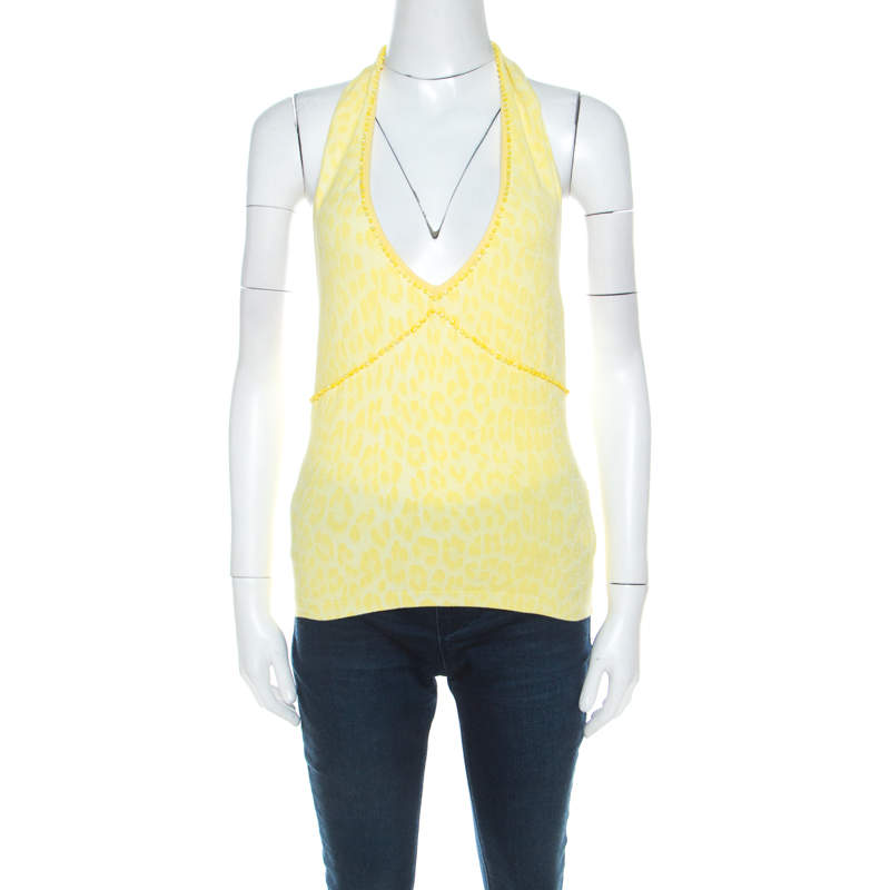 luxury-women-blumarine-used-clothes-p216492-006 blumarine yellow animal patterned jacquard bead embellished backless halter top m