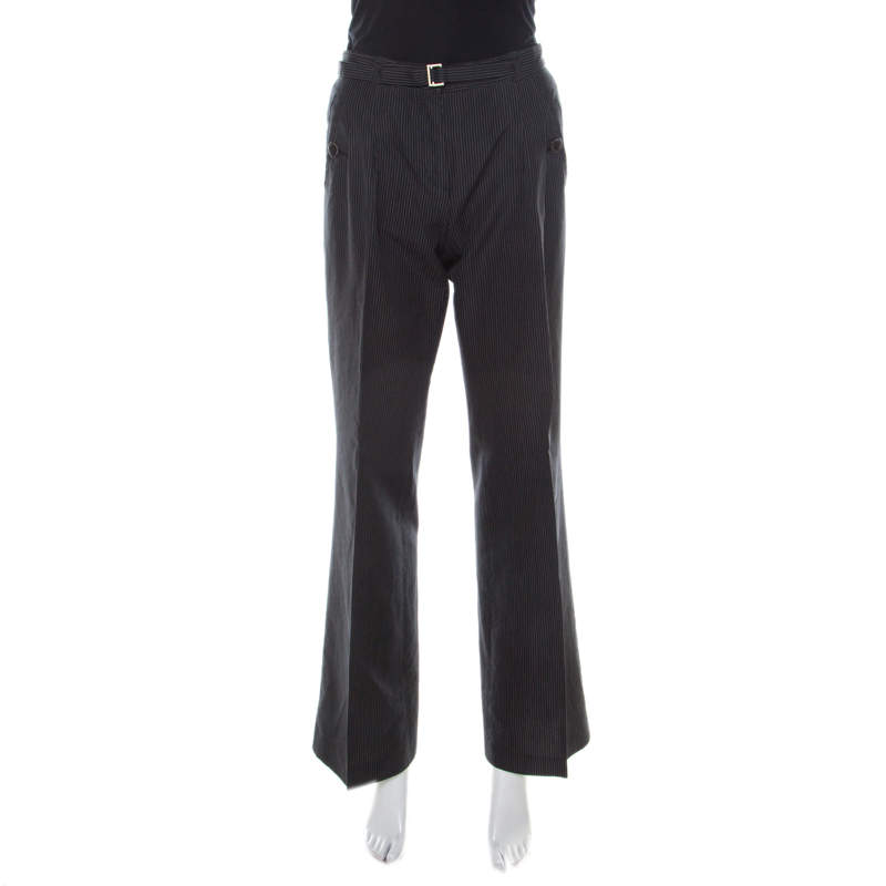 luxury-women-boss-by-hugo-boss-used-clothes-p213007-001 Boss Hugo Boss Black Pinstriped Cotton Wide Leg Belted Trousers S