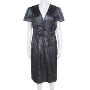 luxury-women-burberry-used-clothes-p186485-003 burberry london metallic silver jacquard plunge neck short sleeve dress m