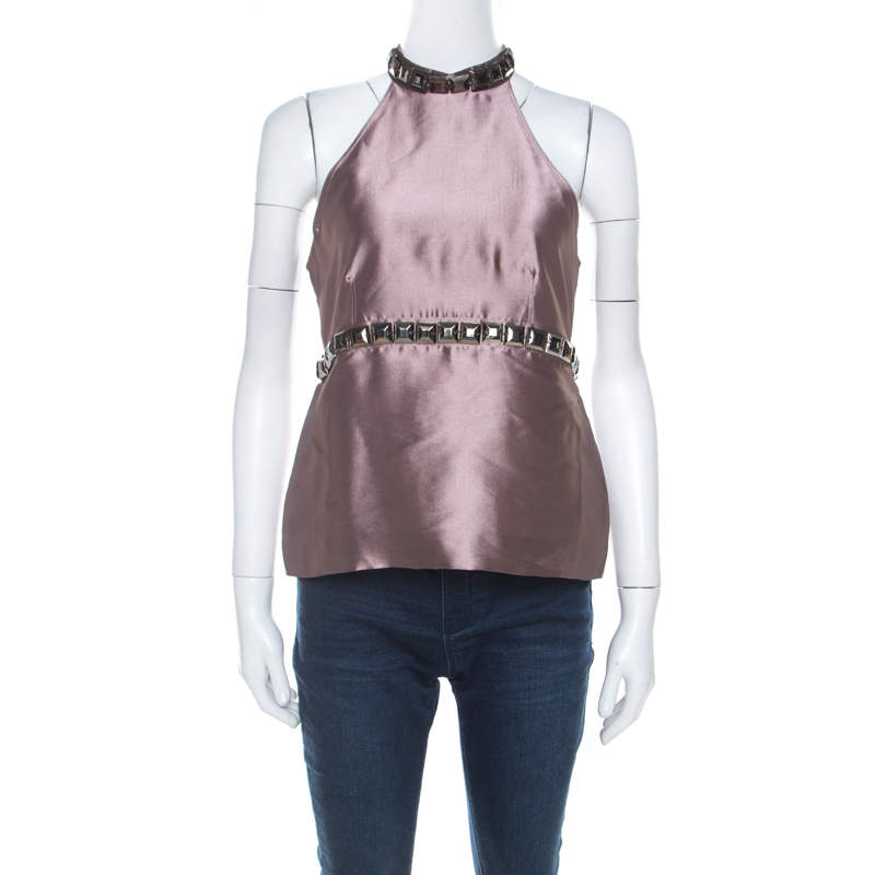 luxury-women-burberry-used-clothes-p216520-004 burberry metallic purple silk blend stud embellished halter neck top s
