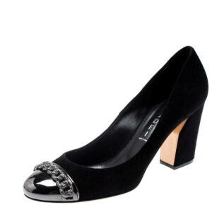 luxury-women-casadei-used-shoes-p200336-003 casadei black suede chain detail metal cap toe pumps size 38