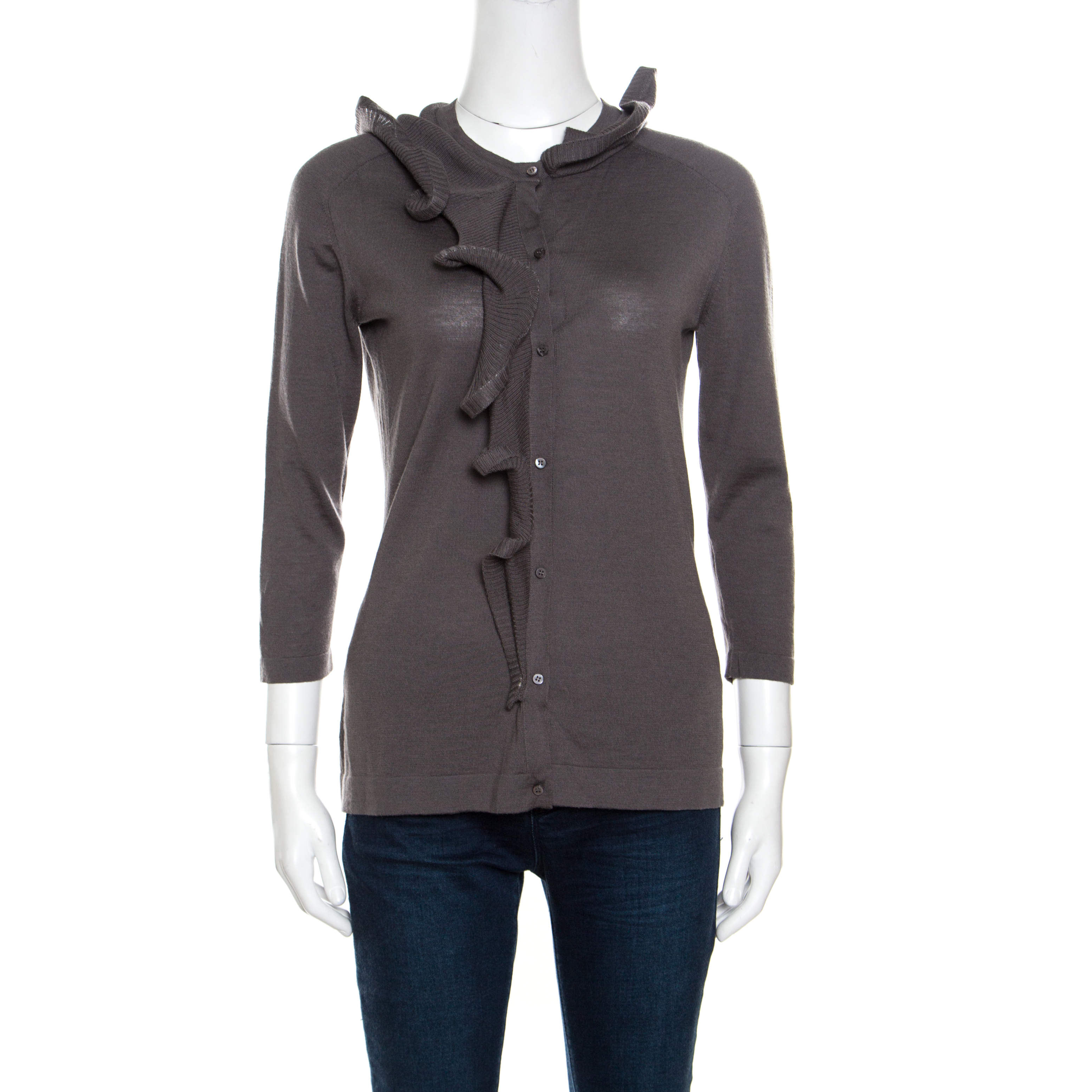 luxury-women-celine-used-clothes-p162105-006 celine grey wool ruffled asymmetric neckline detail button front cardigan m