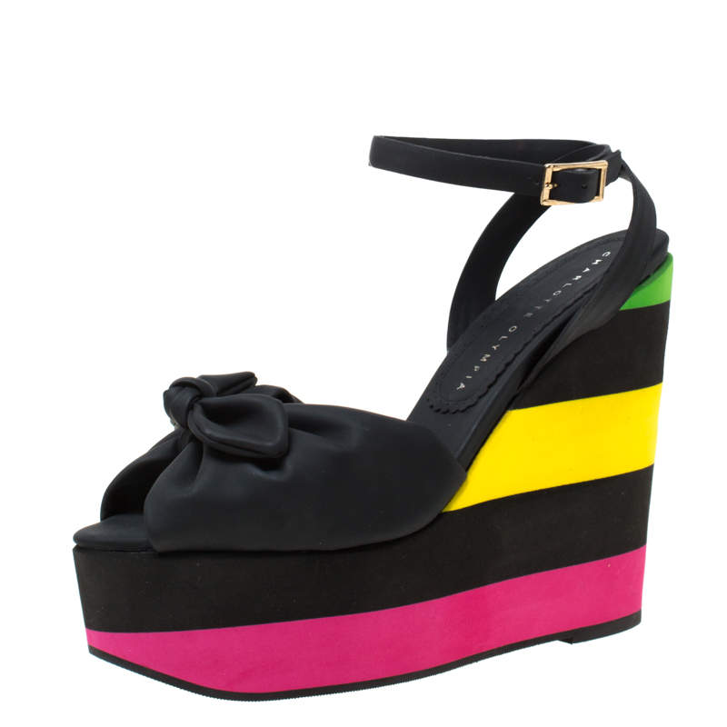 charlotte olympia multicolor puc bow detail ankle strap wedge sandals size 38.5