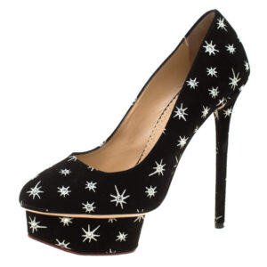charlotte olympia black crystal embellished printed suede joise platform pumps size 38.5