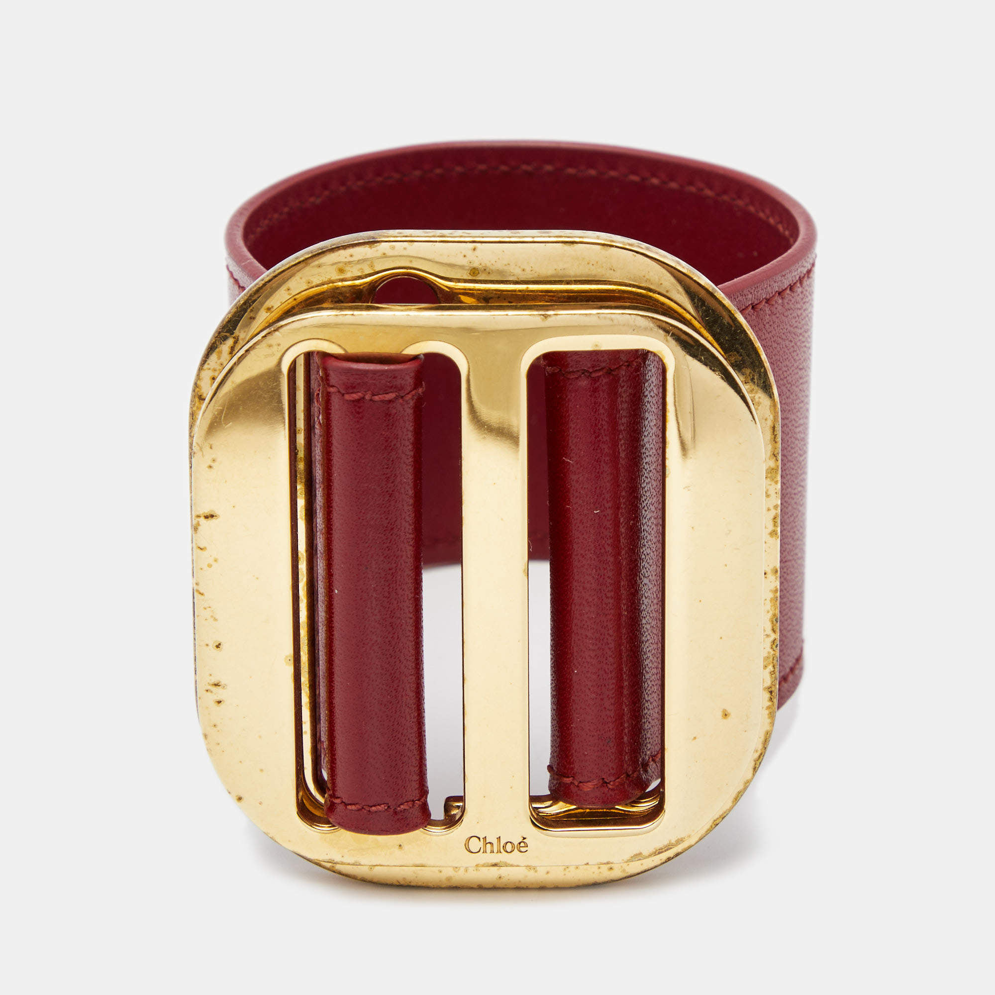 chloe red leather gold tone wide bracelet