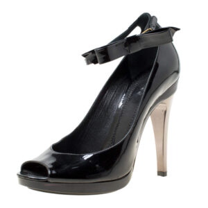 chloe black patent leather bow detail ankle strap peep toe pumps size 37