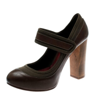 chloe brown leather and khaki fabric mary jane block heel platform pumps size 38