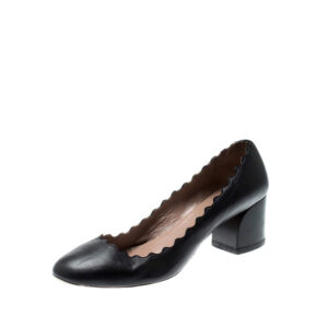 luxury-women-chloe-used-shoes-p212561-004 chloe black leather lauren scallop trim block heel pumps size 38.5