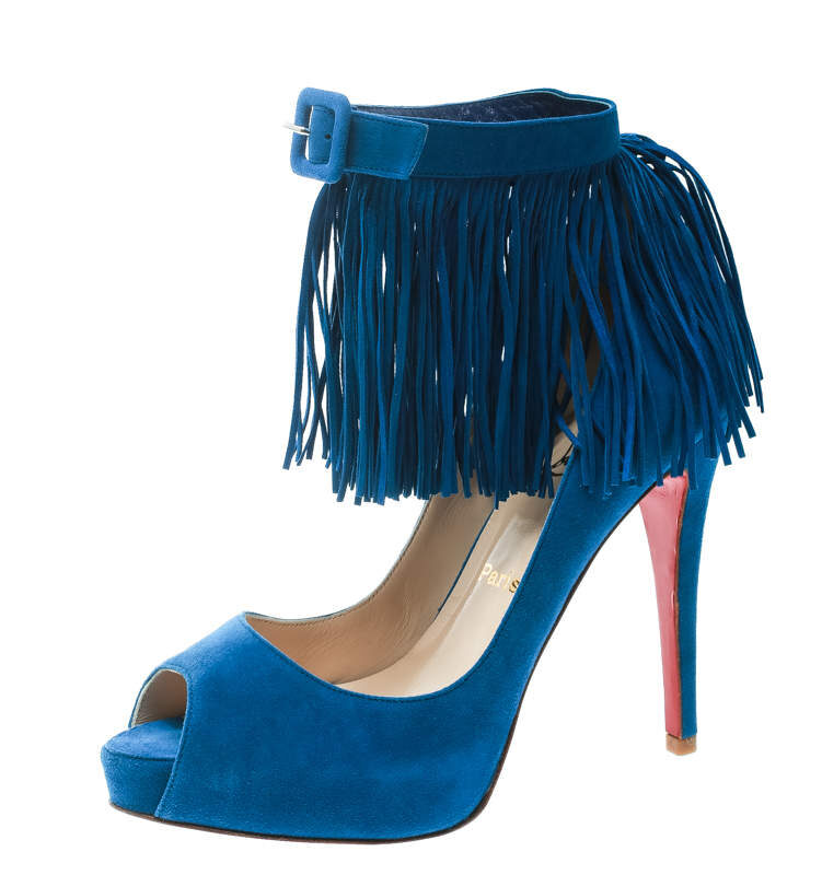 luxury-women-christian-louboutin-new-shoes-p171638-003 christian louboutin cobalt blue suede tina fringe detail ankle strap peep toe pumps size 37