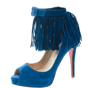 luxury-women-christian-louboutin-new-shoes-p171638-003 christian louboutin cobalt blue suede tina fringe detail ankle strap peep toe pumps size 37