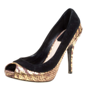 luxury-women-christian-louboutin-used-shoes-p166814-006 dior black/gold suede and python peep toe pumps size 35.5