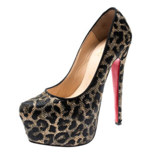 christian louboutin two tone leopard weave raffia daffodile platform pumps size 37