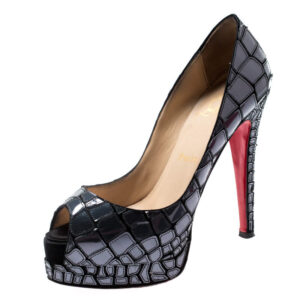 christian louboutin grey mirror leather/satin mosaic 'sobek 140' peep toe platform pumps size 36.5