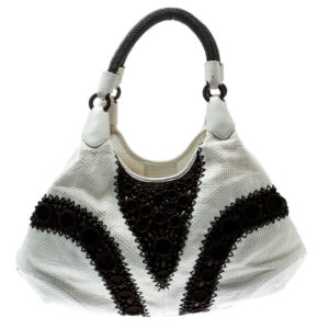 cole haan white/brown woven leather beaded hobo