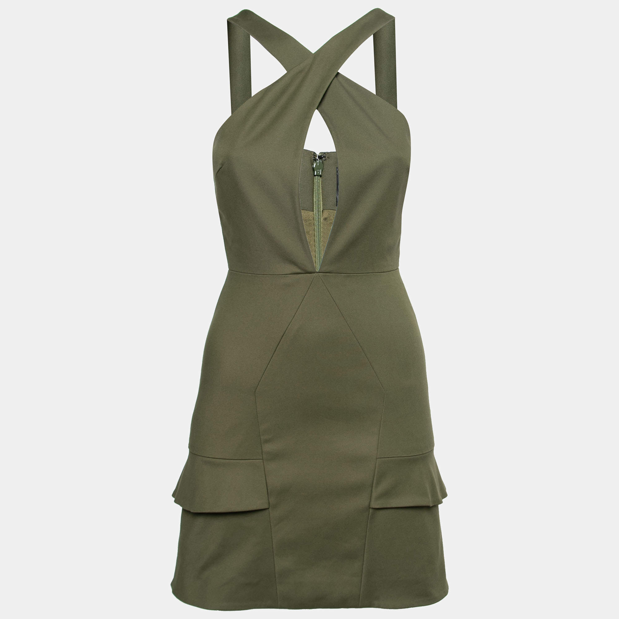 luxury-women-cushnie-et-ochs-used-clothes-p212365-015 cushnie et ochs safari green stretch cotton keyhole detail mini dress xs
