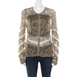 luxury-women-dior-used-clothes-p186495-002 dior boutique lace olive green perforated knit lace insert buttoned cardigan l