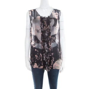 dolce & gabbana black floral printed sheer silk ruffled applique detail sleeveless top m
