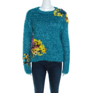 luxury-women-dolcegabbana-used-clothes-p200146-006 dolce & gabbana metallic blue tinsel rib knit floral applique sweater s