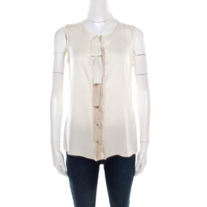 luxury-women-elie-tahari-used-clothes-p186504-004 elie tahari cream silk contrast placket ruffle detail sleeveless blouse s