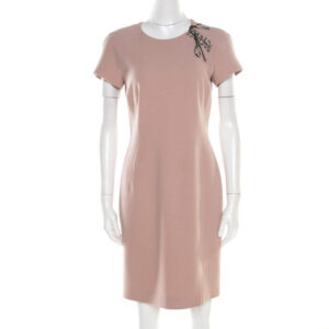luxury-women-emilio-pucci-used-clothes-p186609-006 emilio pucci blush pink wool contrast bodice tie detail short sleeve dress m