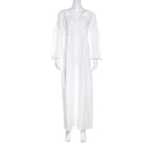 ermanno scervino white floral embroidered lace overlay long sleeve ramie dress m