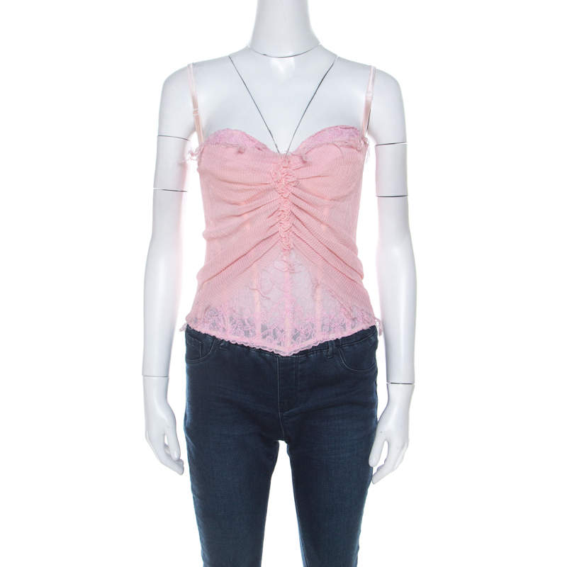 luxury-women-ermanno-scervino-used-clothes-p216500-002 ermanno scervino pink pleated silk frayed detail ruffled corset top m