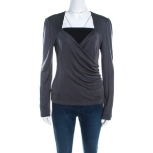 luxury-women-escada-new-clothes-p201091-007-1 escada grey silk knit ruched crossover front long sleeve top m