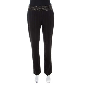 escada black pinstriped wool embellished high waist detail trousers s