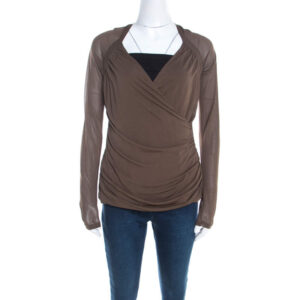 luxury-women-escada-used-clothes-p201059-006 escada olive green stretch knit draped faux wrap bodice top m