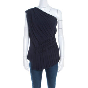 luxury-women-escada-used-clothes-p201092-005-1 escada navy blue pleated crepe honeycomb smocking detail one shoulder nienke top m