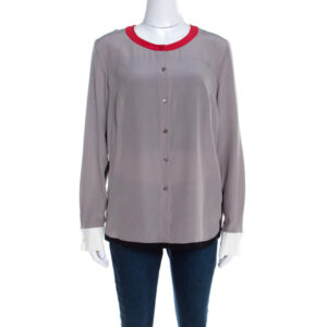 luxury-women-escada-used-clothes-p201095-005-1 escada pewter grey silk contrast trim long sleeve nendi blouse m