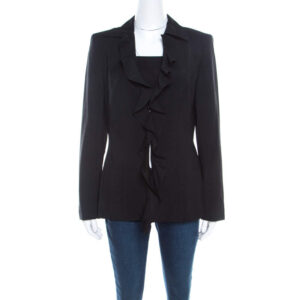 escada black wool crepe ruffled front buttoned jacket m