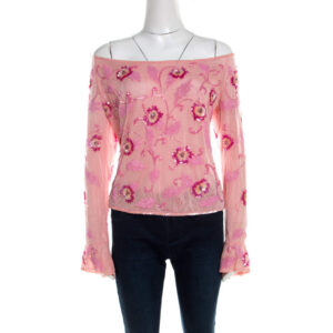 luxury-women-escada-used-clothes-p201401-004-1 escada pink tulle overlay floral embellished off shoulder blouse l
