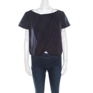 luxury-women-escada-used-clothes-p201449-006-1 escada navy blue pleated cross over cropped tulip jacket m