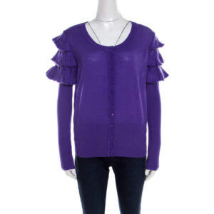 luxury-women-escada-used-clothes-p201485-005-1 escada purple mohair wool ruffle tiered detail button front cardigan l