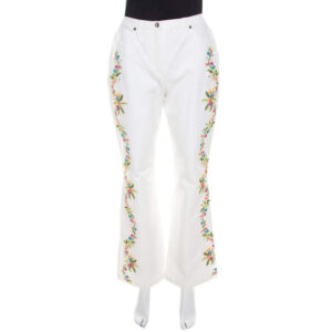 escada white cotton stretch denim floral embroidered detail flared trousers m