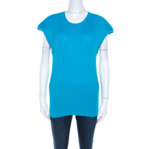 escada blue cotton ribbed knit crew neck top l